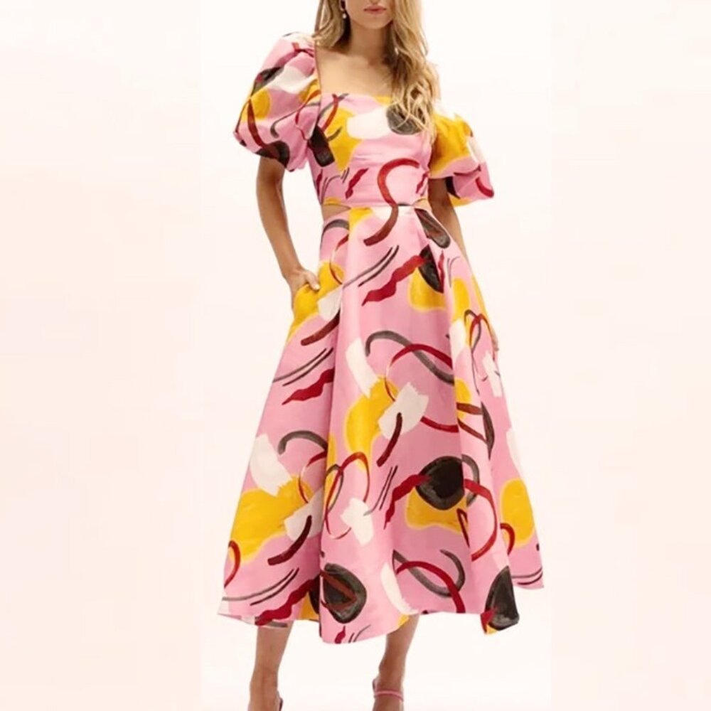 Anthropologie Aureta Studio Pink Mod Geo Printed Puff-Sleeve Cutout Side Dress M